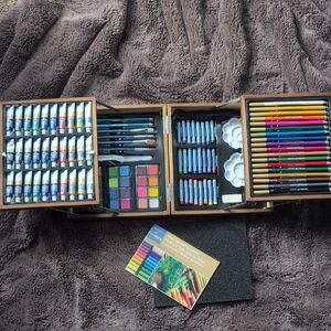 Wooden Art Supply Storage Case with Assorted Paints & Pencils - Gray